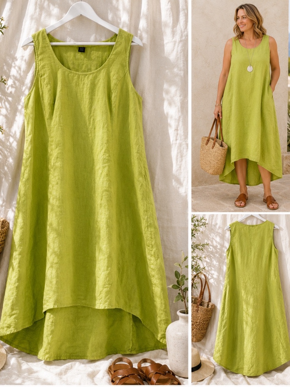 Grace Elements 100% Linen Dress L Lime Green Sleeveless High-Low Lagenlook Dress